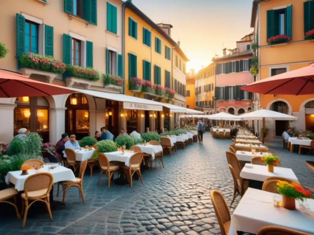 Un acogedor café italiano tradicional en plazas, con lugareños disfrutando del espresso al atardecer entre flores vibrantes y una fuente histórica