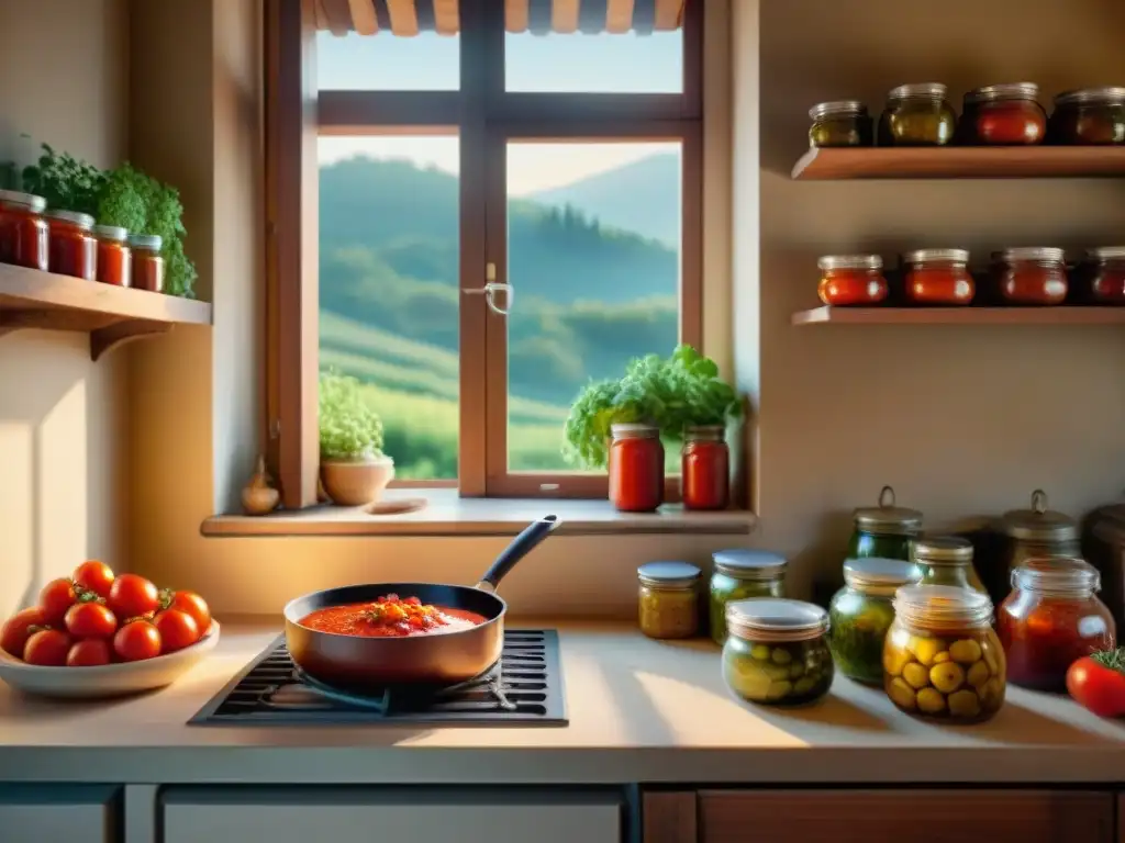 Un acogedor rincón de cocina italiana con conservas caseras y una nonna preparando salsa de tomate