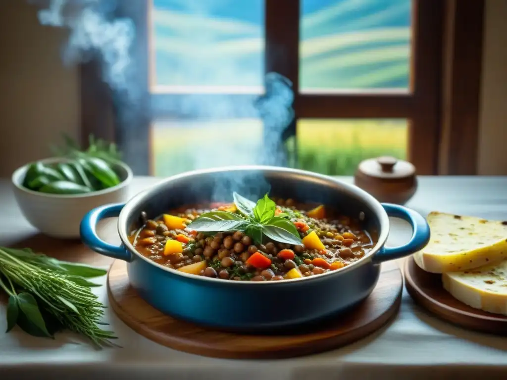 Un acogedor rincón de cocina italiana con una olla de guiso de lentejas Castelluccio, utensilios rústicos y hierbas frescas