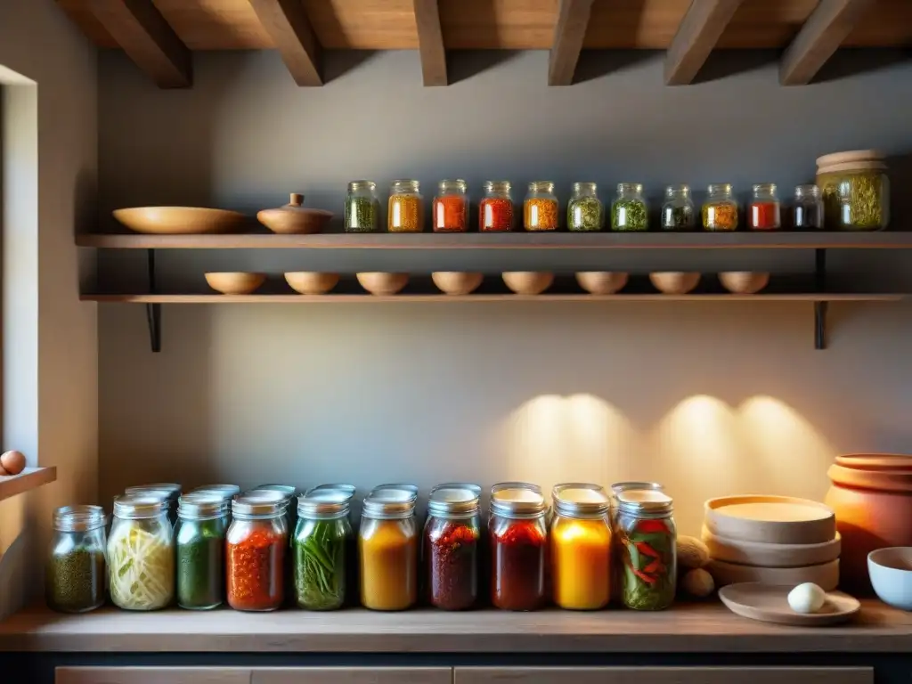 Un acogedor rincón de una cocina italiana tradicional con tarros de kimchi colorido fermentando en estantes de madera, bañado por la luz del sol