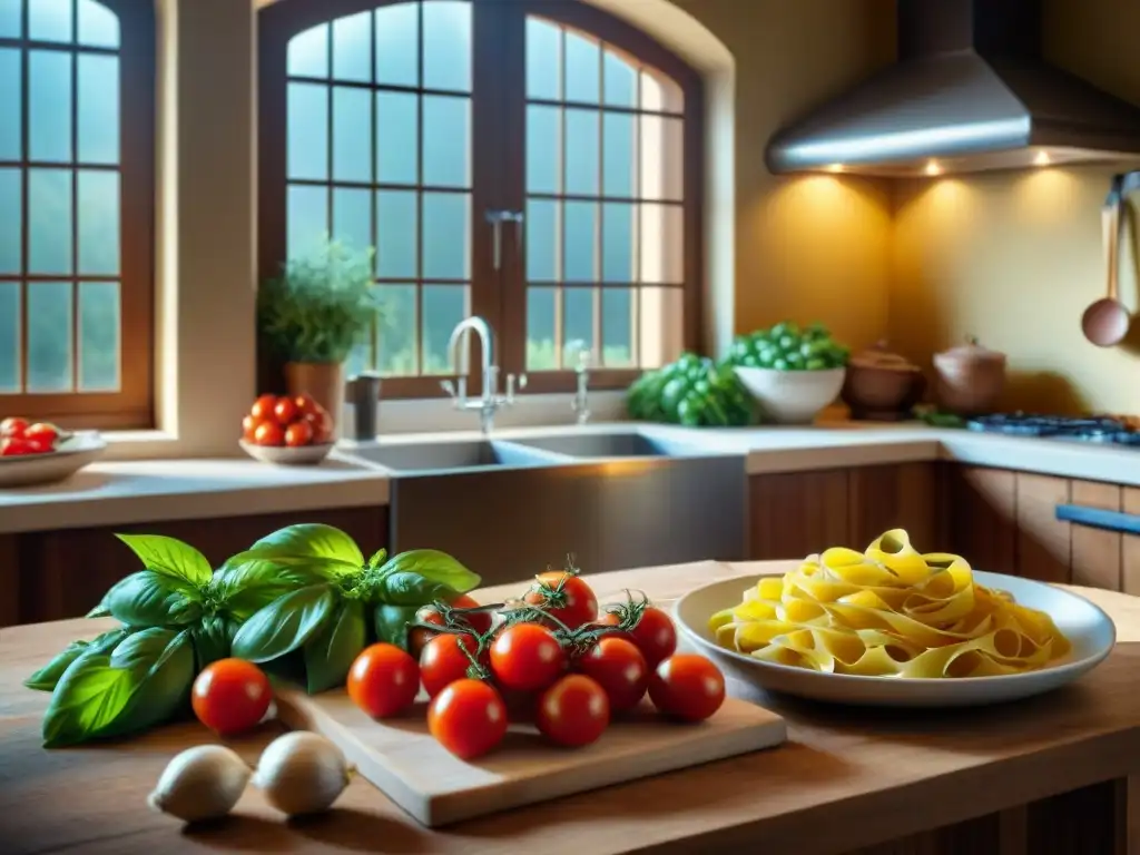 Un acogedor y detallado rincón de cocina italiana con ingredientes frescos, ideal para un organizador de recetas cocina italiana