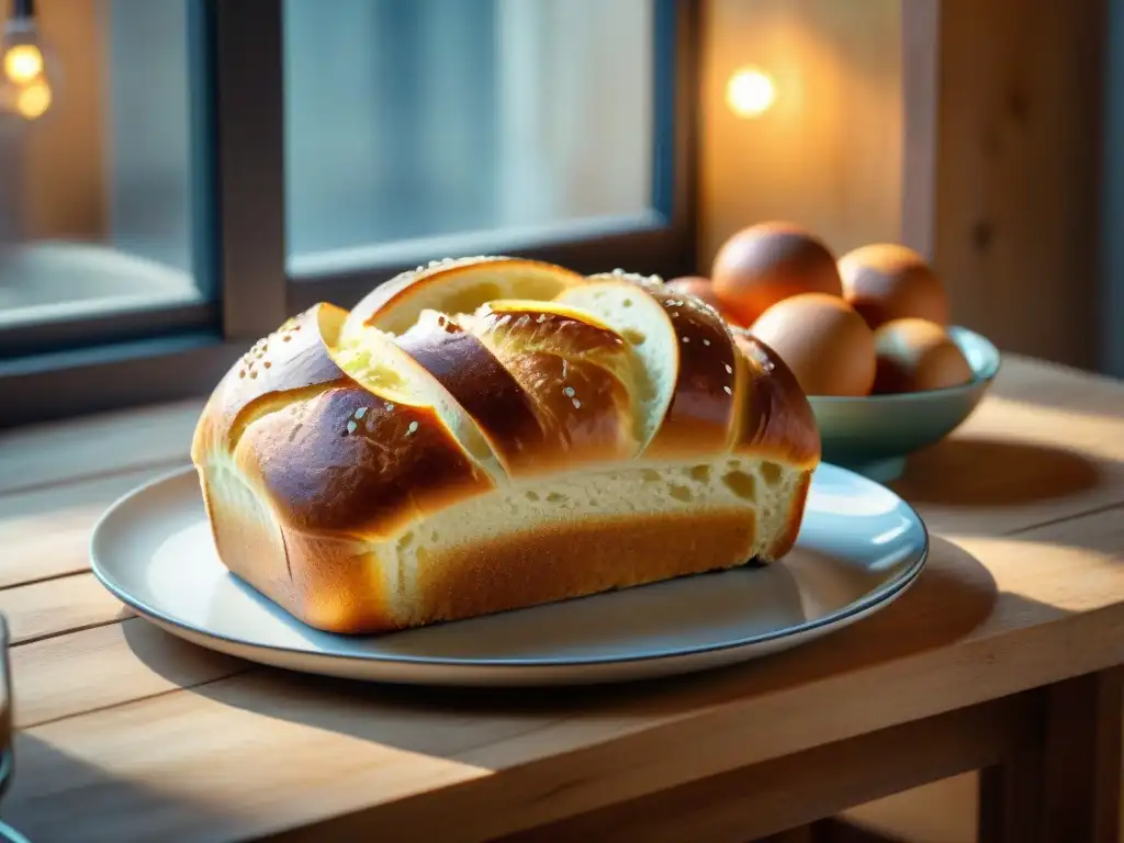 Un acogedor escenario con una receta auténtica de pan brioche italiano recién horneado, bañado en luz dorada