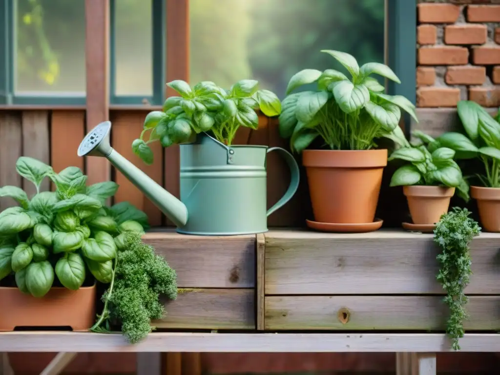 Un acogedor huerto urbano italiano en espacios reducidos, con hierbas y verduras en macetas de terracota en un balcón rústico