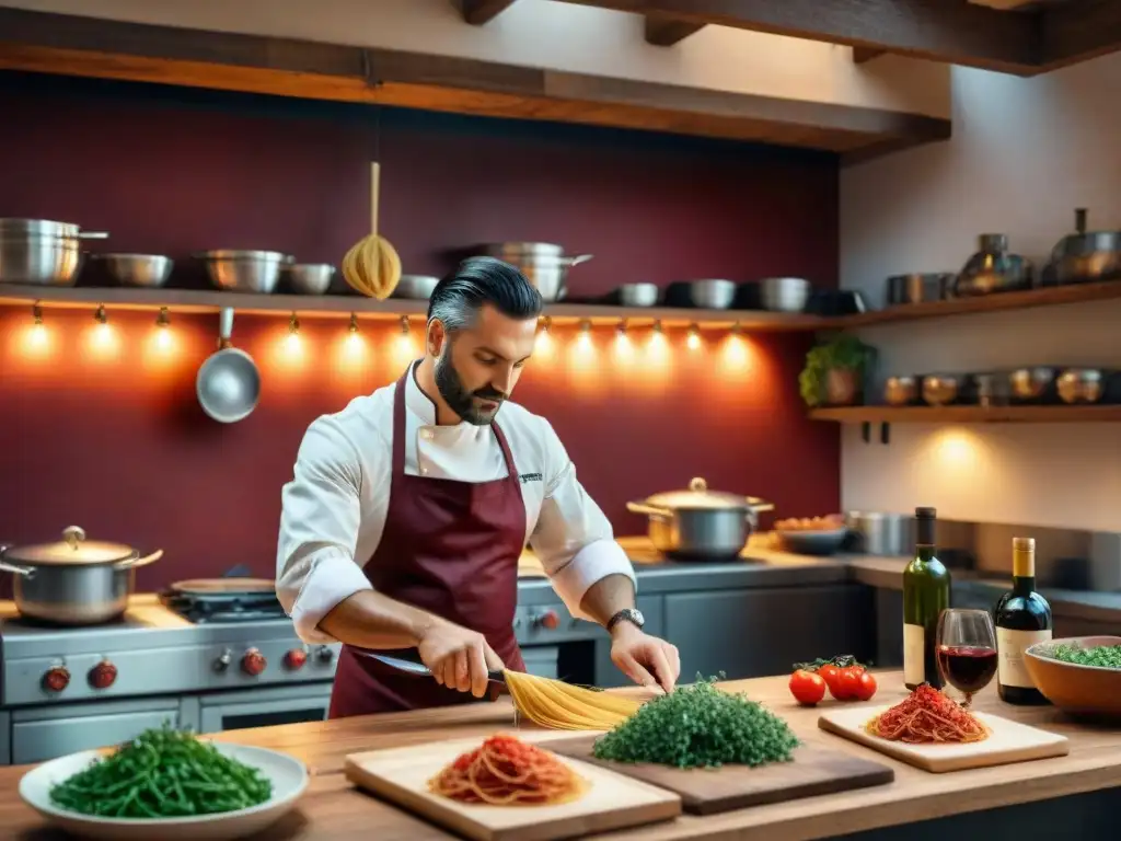 Un acogedor maridaje de vinos y pastas en una cocina italiana rústica, iluminada con cálidas luces colgantes