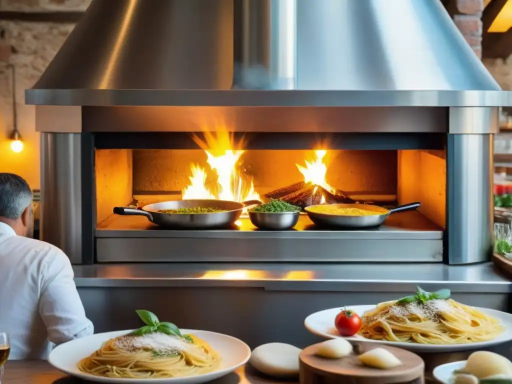 Un acogedor restaurante de cocina tradicional en el centro de Italia, con un horno de leña, chefs preparando pasta fresca y comensales disfrutando de platos clásicos como ravioli casero y ossobuco