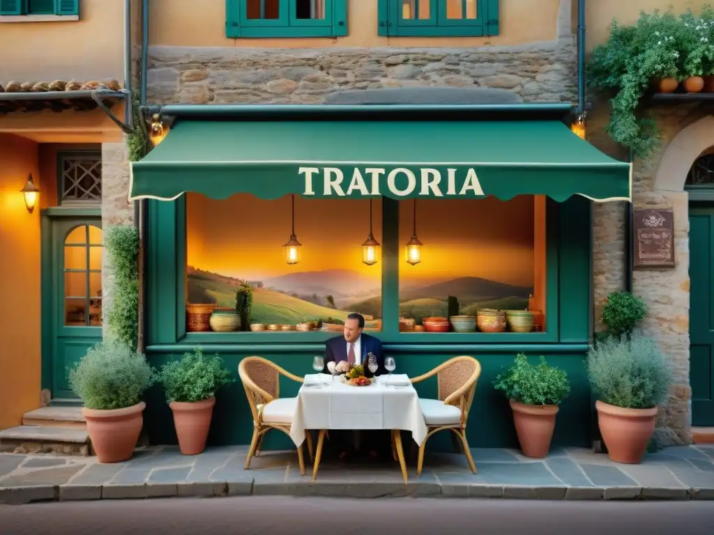 Un acogedor restaurante escondido en las colinas de la Toscana, con fachada de piedra, macetas de hierbas y ambiente cálido al atardecer