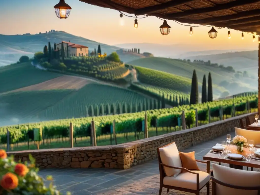 Acogedor restaurante italiano en Toscana con vistas a viñedos y cipreses al atardecer