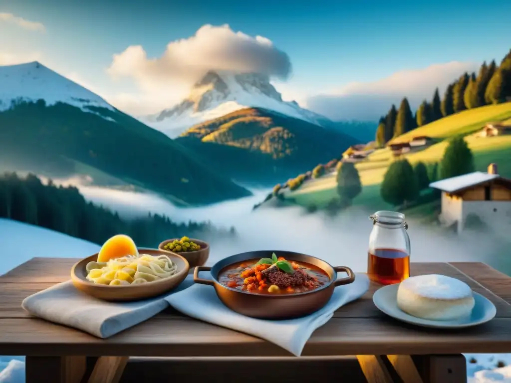 Una acogedora cabaña en los Alpes italianos rodeada de nieve y comida tradicional italiana, influencia estaciones cocina italiana