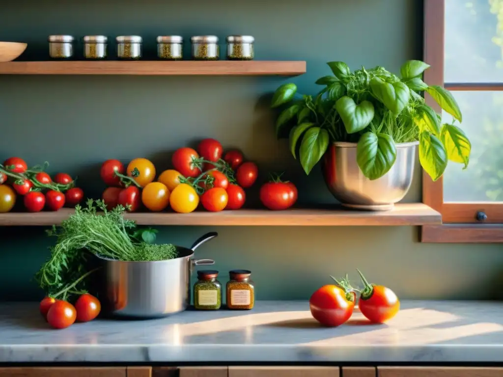 Acogedora cocina italiana con hierbas y especias, bañada por la luz del sol en estantes de madera rústica