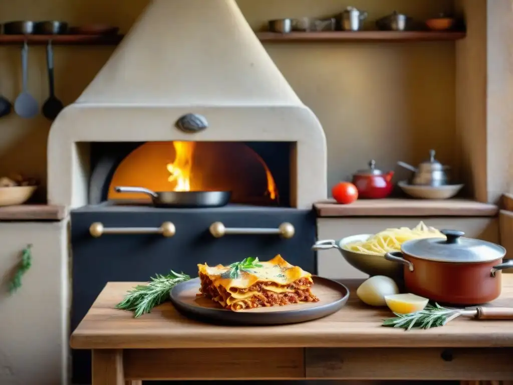 Acogedora cocina italiana con una receta auténtica de lasaña dorada horneándose en horno de leña, ambiente nostálgico