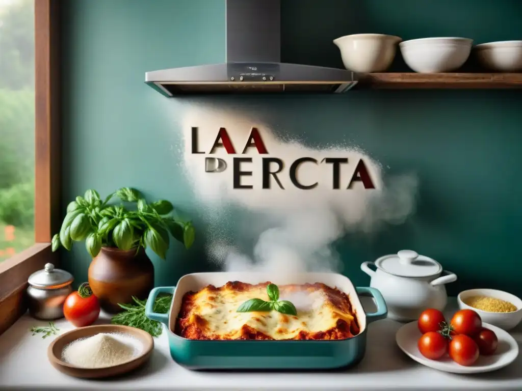 Acogedora cocina rústica con libros de cocina italiana y lasaña casera lista para hornear