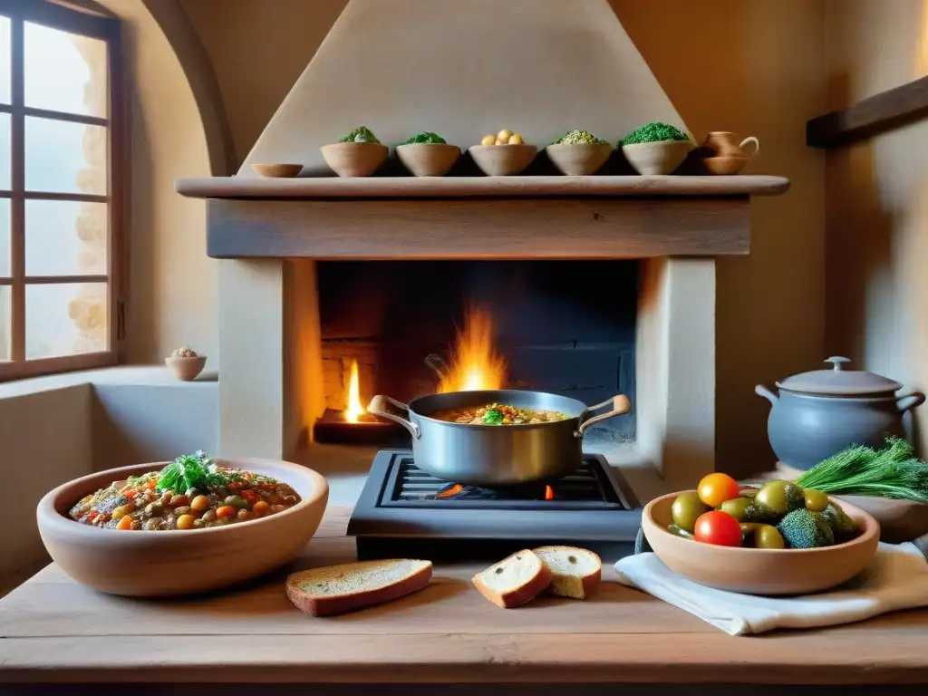 Una acogedora cocina toscana con una chimenea de piedra, una olla burbujeante de sopa Ribollita y una mesa rústica