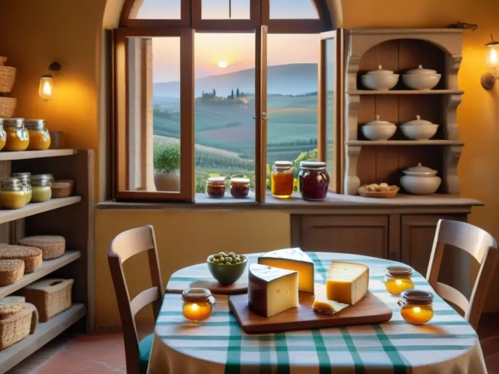 Una acogedora escena de un bed and breakfast temático italiano en la campiña toscana, con mesas rústicas, mermeladas caseras y una anfitriona amable