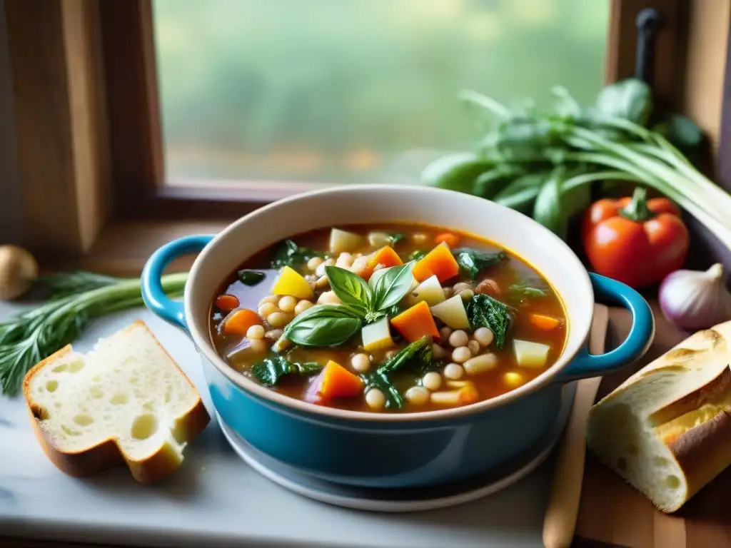 Una acogedora escena de cocina italiana rústica con una olla burbujeante de sabrosa sopa Minestrone, rodeada de verduras frescas, hierbas y pan crujiente