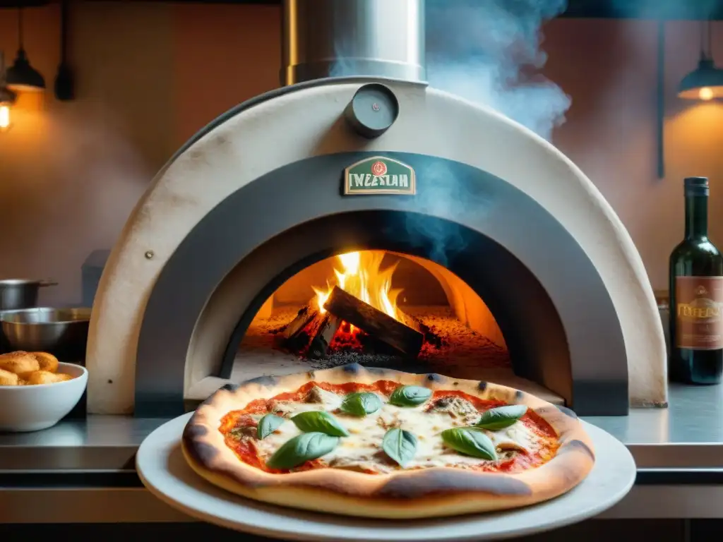 Acogedora pizzería familiar en Nápoles con horno de leña y clientes esperando ansiosos