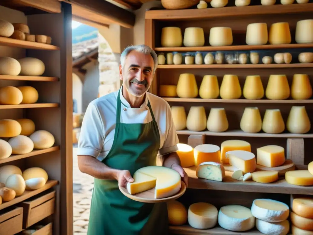 En una acogedora tienda italiana, el dueño selecciona cuidadosamente una Scamorza ahumada para un cliente, entre quesos colgantes