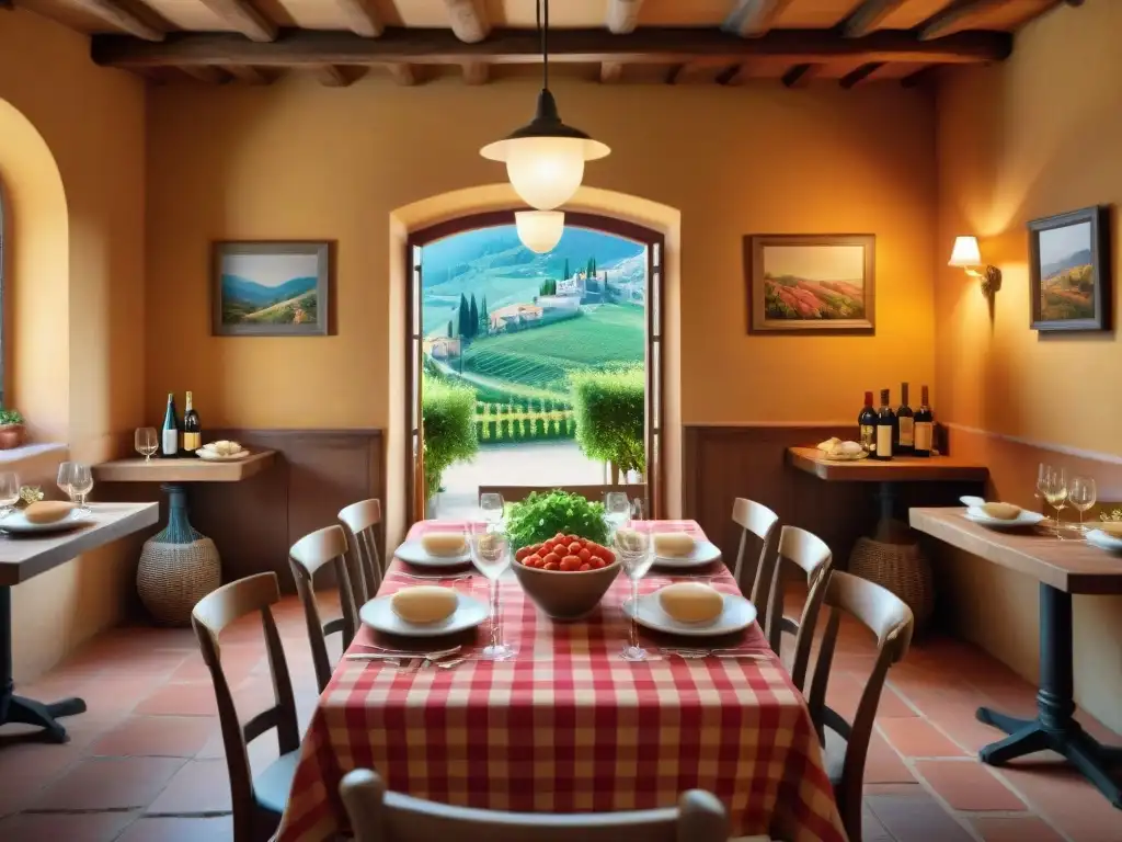 Acogedora trattoria familiar en Toscana con mesa de madera lista para una comida familiar, Rutas gastronómicas centro Italia