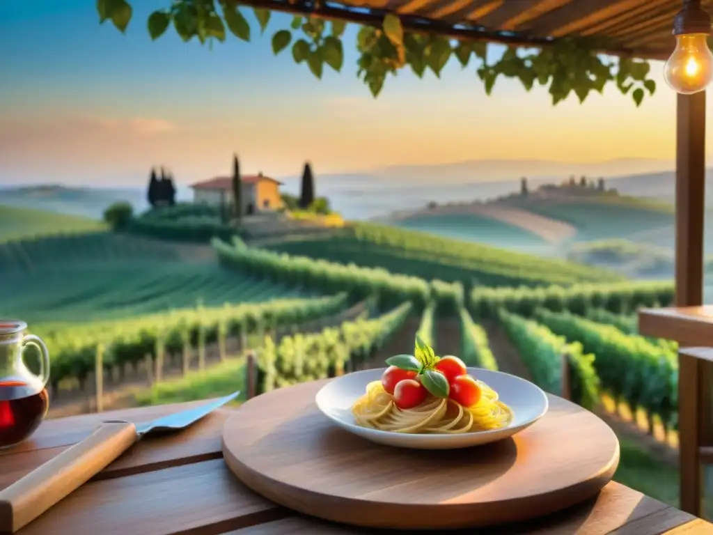 En la acogedora trattoria italiana en Toscana, los comensales disfrutan de platos con ingredientes locales al atardecer