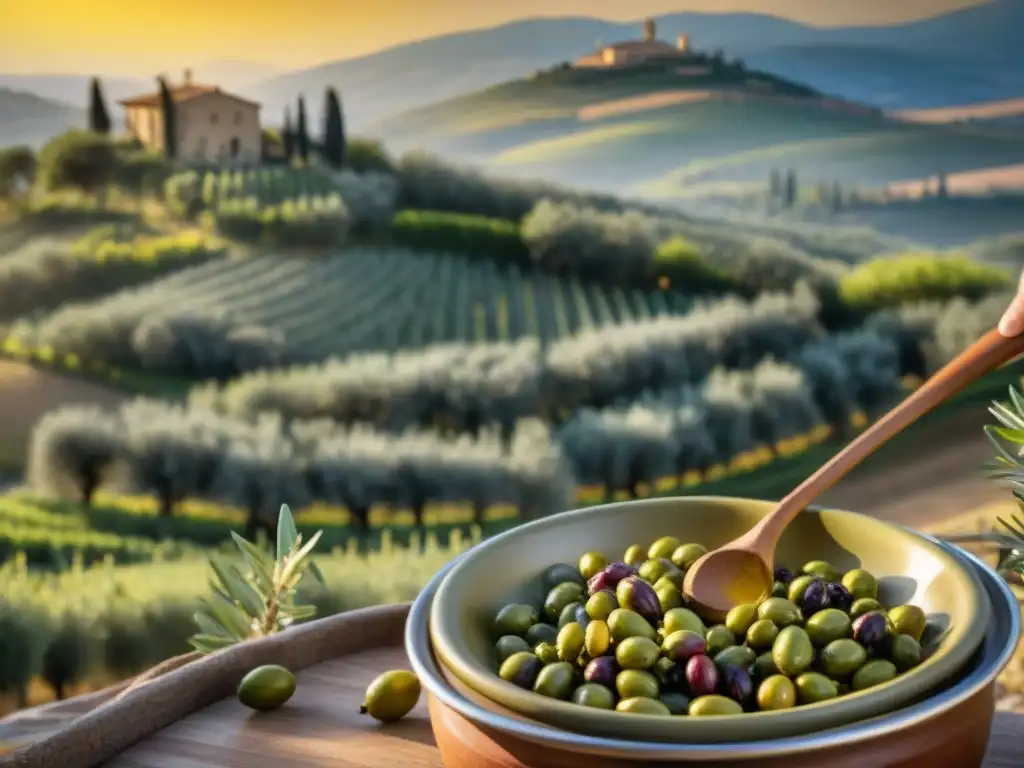 Un agricultor recolectando aceitunas en un molino tradicional en la Toscana, con colinas y luz dorada