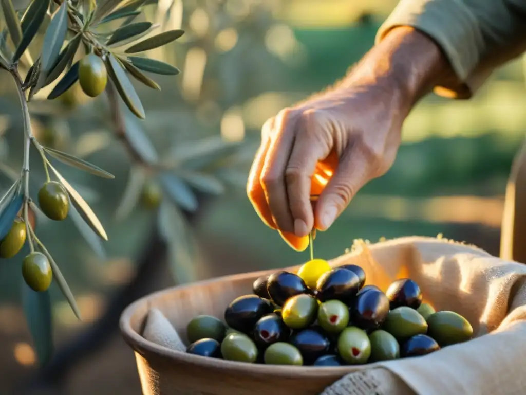 Un agricultor selecciona cuidadosamente las aceitunas en un olivar italiano, mostrando la artesanía detrás de los aceites de oliva premium Italia