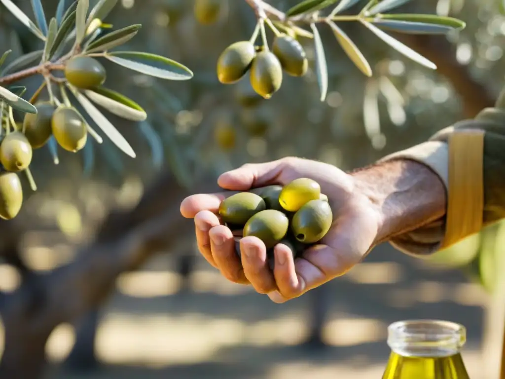 Un agricultor experimentado recolecta una aceituna verde madura, extrayendo aceite de oliva premium en un olivar mediterráneo