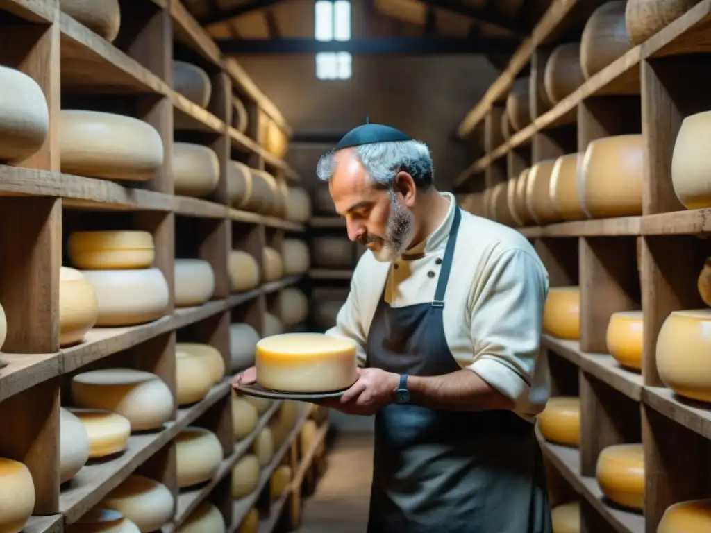 Un agricultor italiano inspecciona queso Parmigiano Reggiano en bodega rústica llena de Productos DOP e IGP Italia