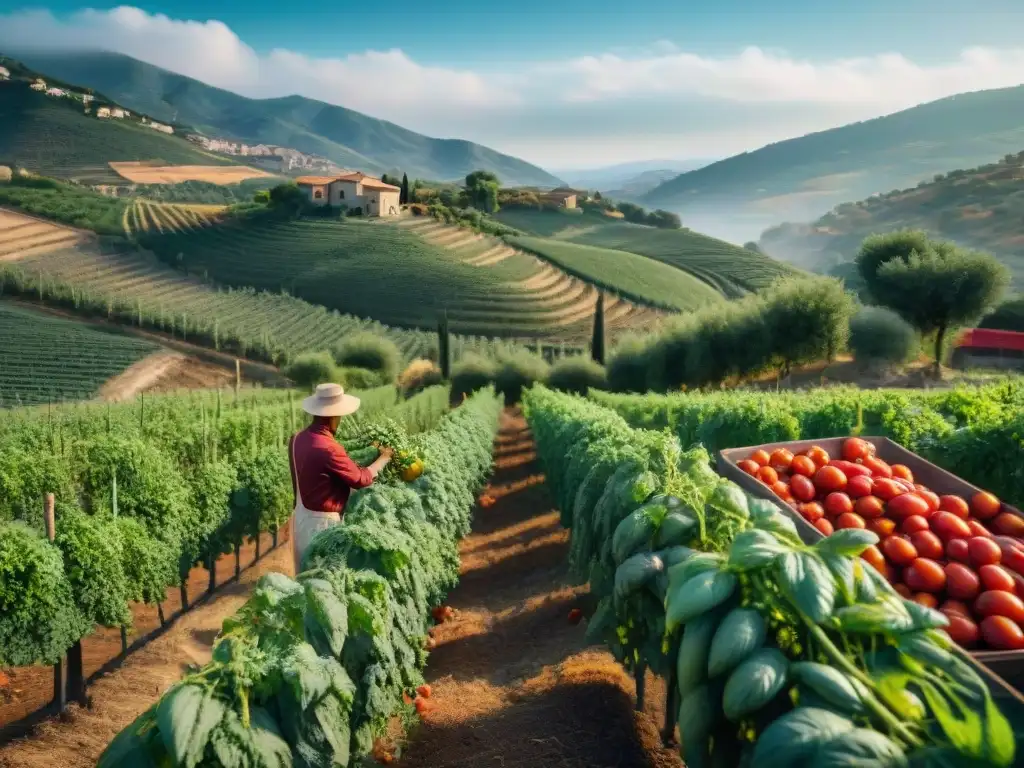 Un agricultor italiano seleccionando tomates maduros bajo el sol mediterráneo, resaltando la frescura de los ingredientes locales