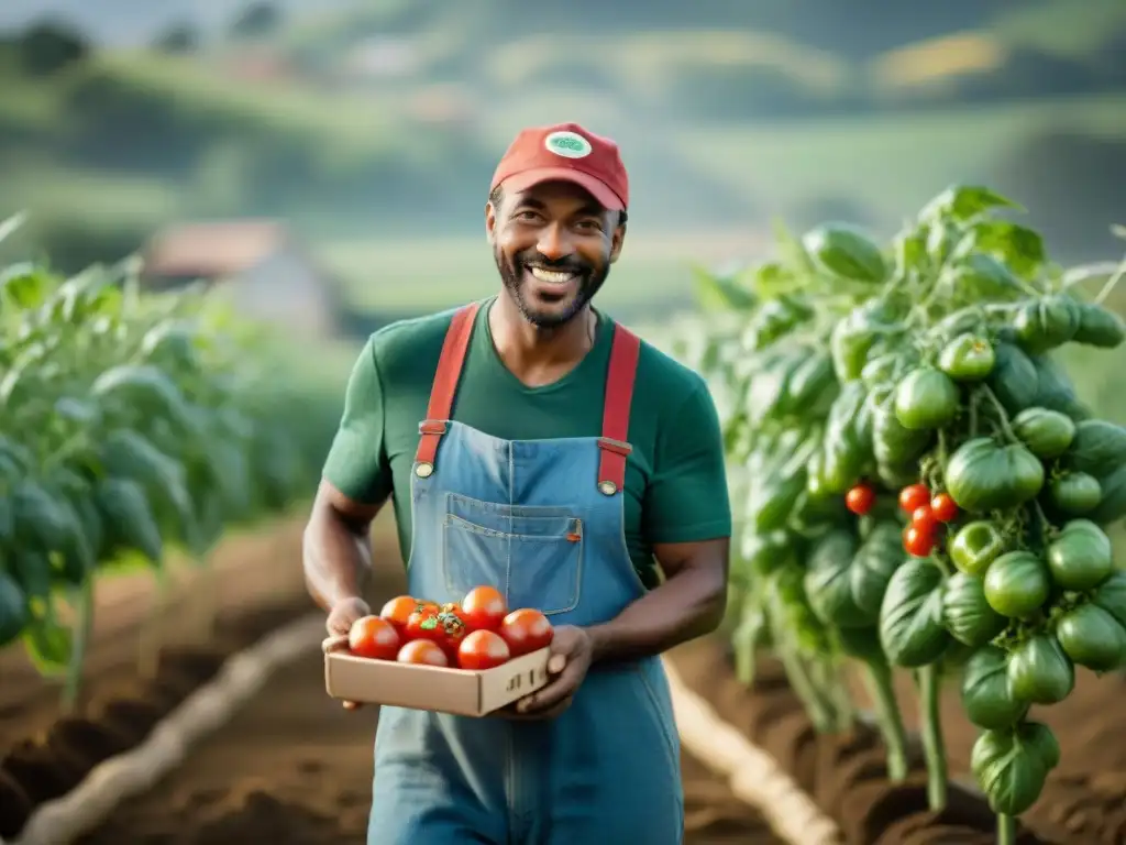 Un agricultor sonriente cosecha tomates rojos en un campo soleado, reflejando la sostenibilidad en producción de pizza