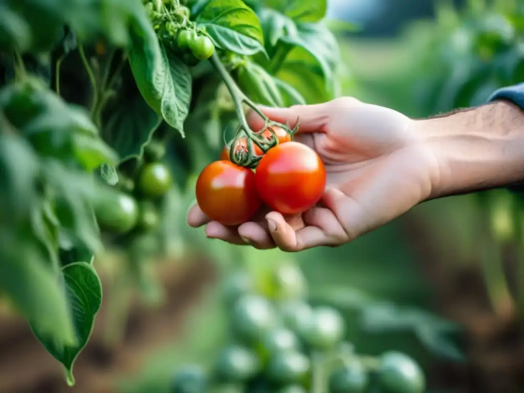 Un agricultor cosecha tomates orgánicos en un campo sostenible