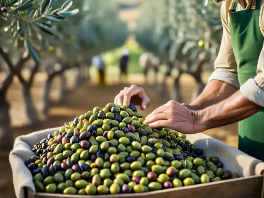 Agricultores italianos inspeccionando aceitunas recién cosechadas bajo el sol mediterráneo para producir DOP en aceites de oliva italianos