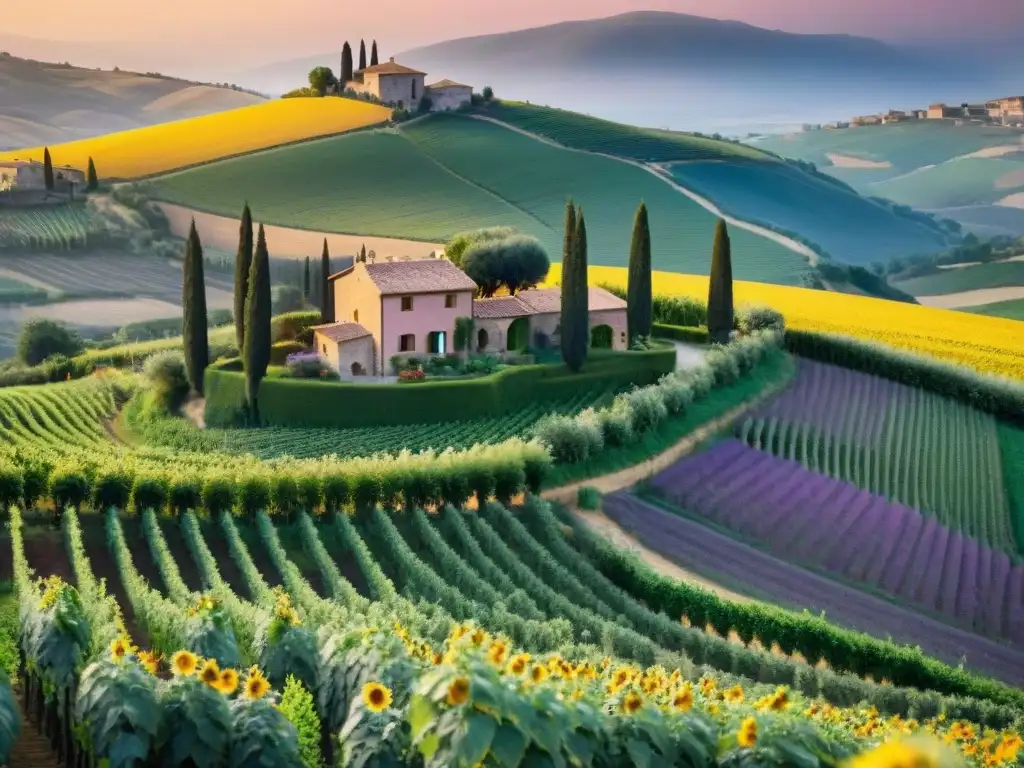 Agroturismo italiano: atardecer en viñedos verdes con granja de piedra y girasoles en primer plano, pintando un paisaje de paz y serenidad