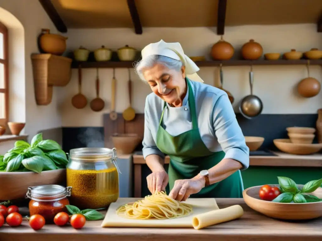 En un agroturismo italiano, cocina tradicional cobra vida con una nonna preparando pasta fresca rodeada de ingredientes frescos y coloridos