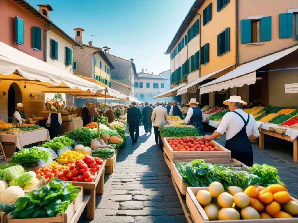 Alegre mercado de agricultores en Italia con cocina sostenible en Italia, productos frescos y coloridos bajo la suave luz matutina