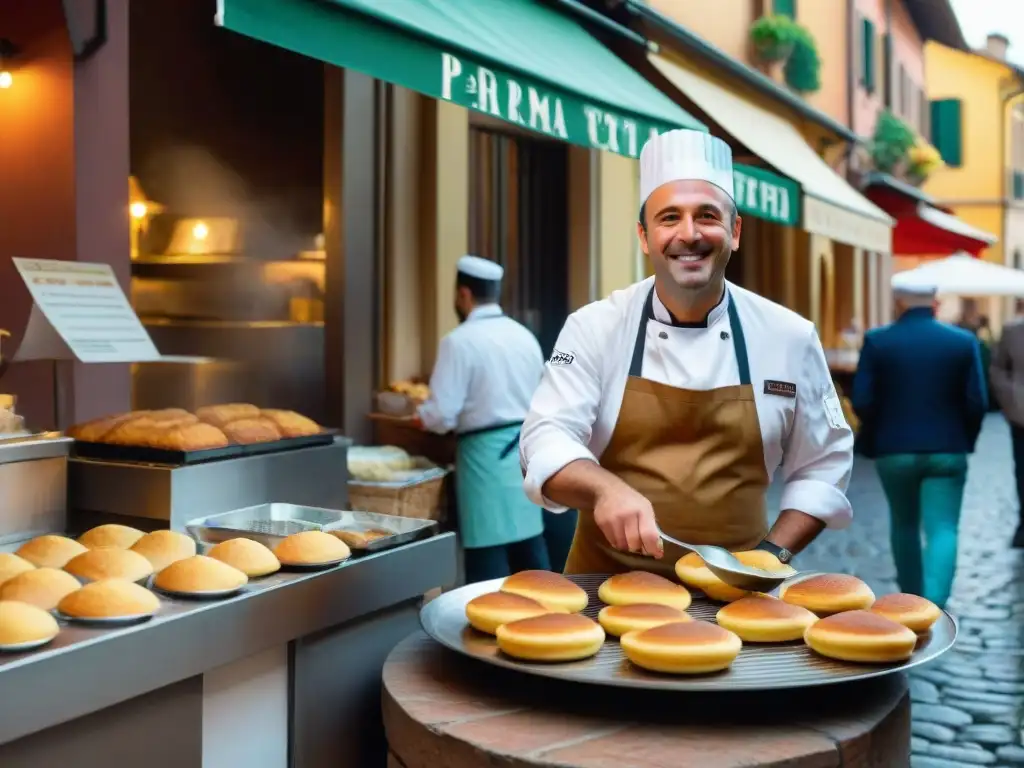 Un alegre vendedor de Torta Fritta en Parma, Italia, cautiva a clientes en una animada escena callejera