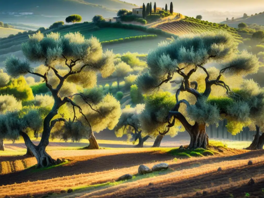 Un amanecer dorado en un olivar italiano, donde un agricultor recolecta aceitunas a mano