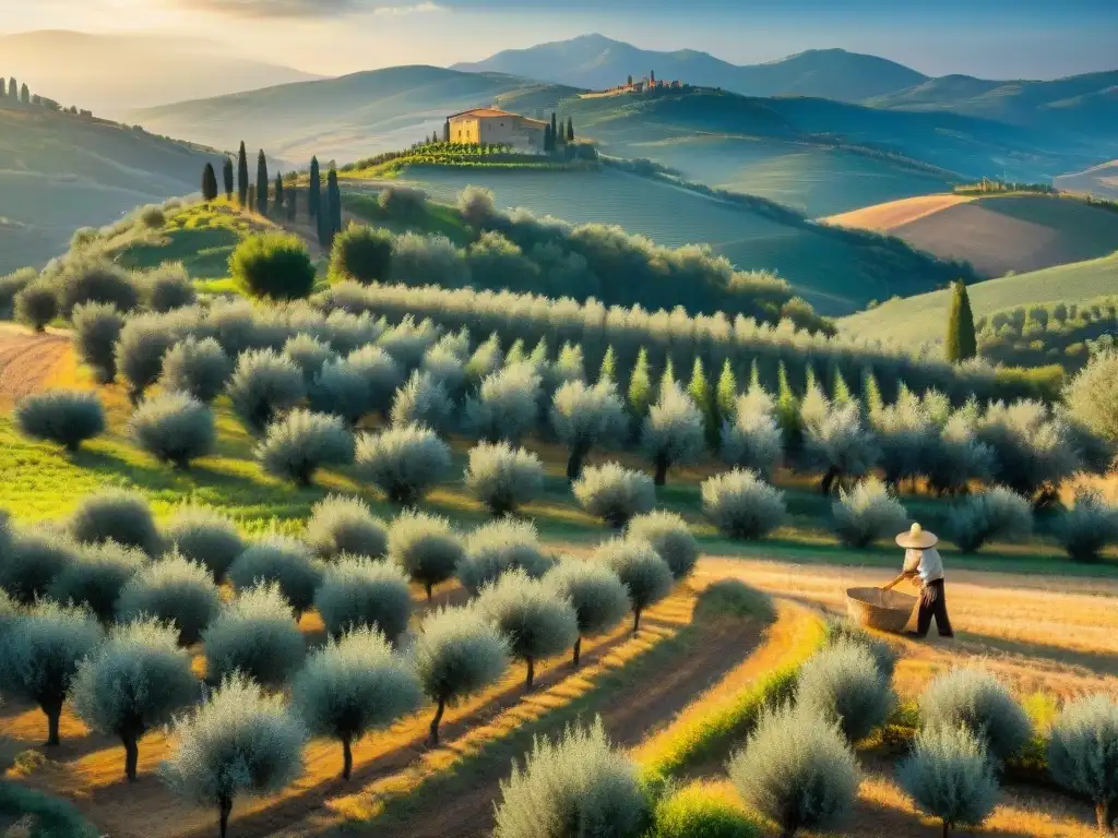 Un amanecer dorado en un olivar toscano con un granjero recolectando aceitunas a mano, capturando la esencia de la cocina italiana