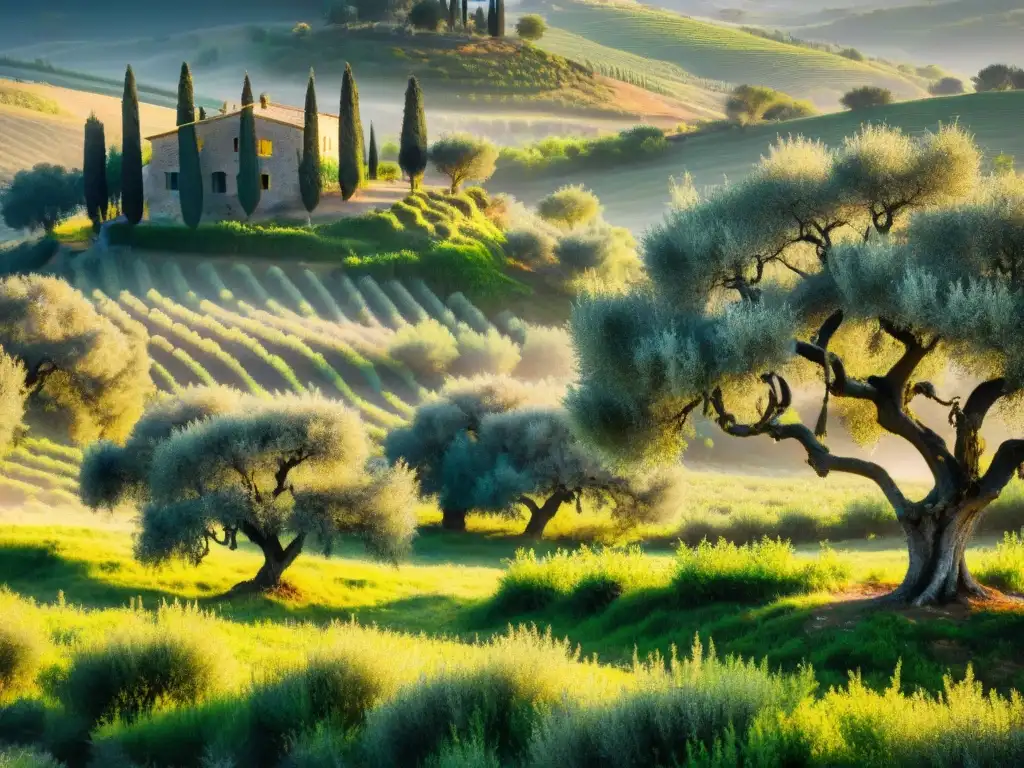 Un amanecer mágico en un antiguo olivar italiano con aceitunas maduras, hojas verdes y colinas de la Toscana