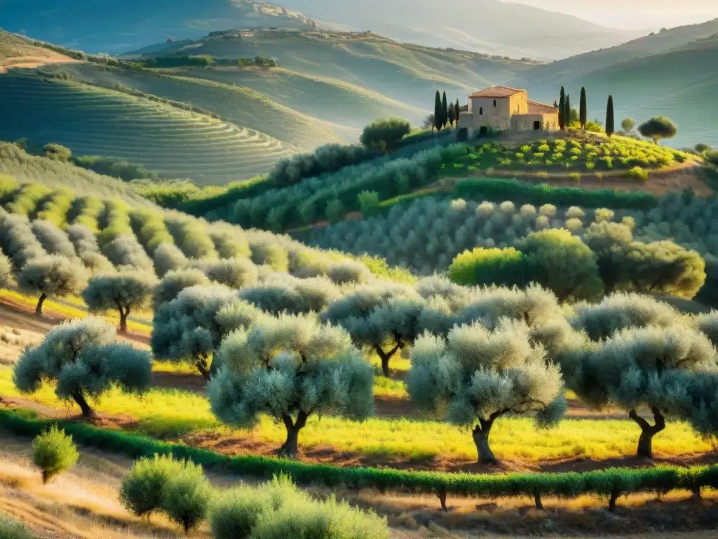 Un amanecer mágico en un olivar siciliano con olivos cargados de aceitunas, resaltando la belleza de la comparativa aceites oliva premium Italia