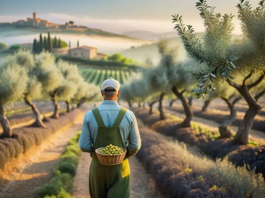 Un amanecer mágico en un olivar de la Toscana, Italia, reflejando la pasión de los agricultores por el Aceite de oliva premium italiano