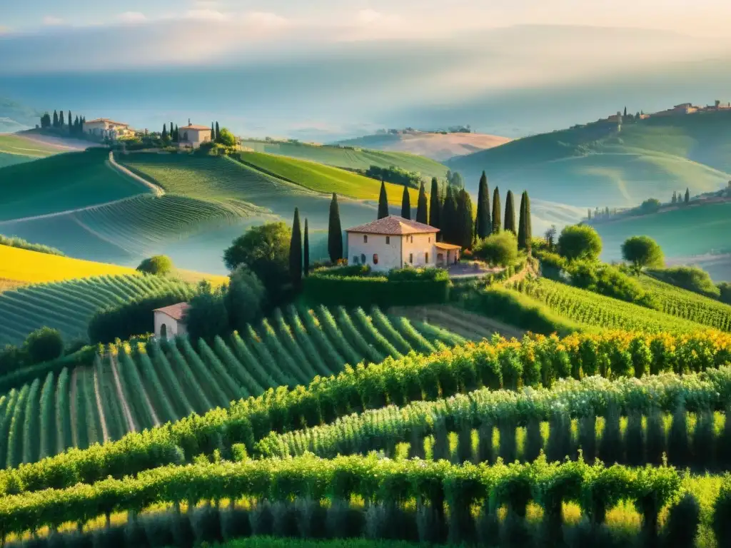 Amanecer mágico en un paisaje rural italiano con viñedos verdes y un agriturismo tradicional