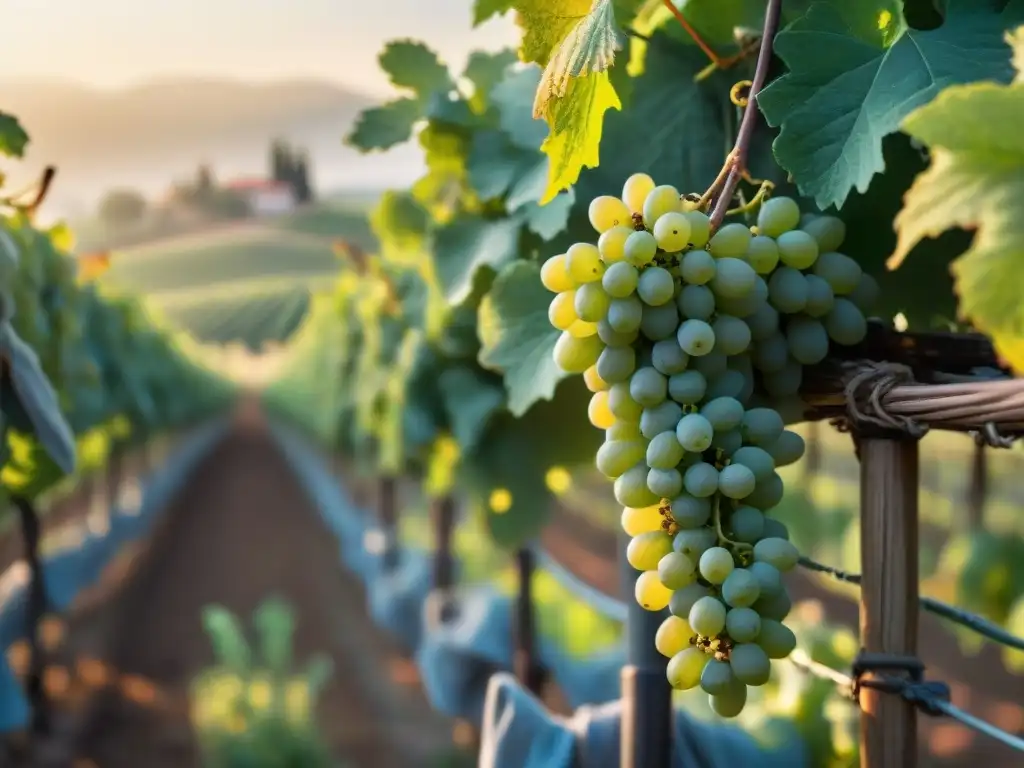 Un amanecer mágico en una viña italiana: uvas, flores y sol, reflejando la esencia de maridajes vinos biodinámicos italianos