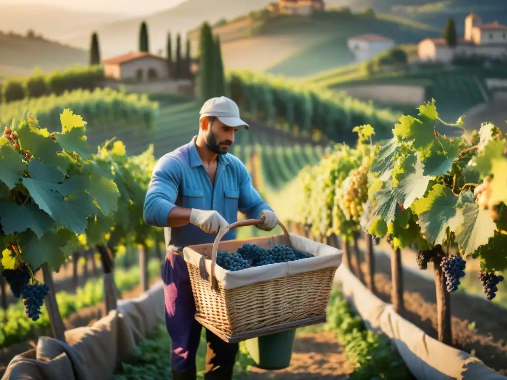 Un amanecer mágico en un viñedo italiano durante la recolección de uvas, con trabajadores cosechando uvas moradas en un paisaje pintoresco