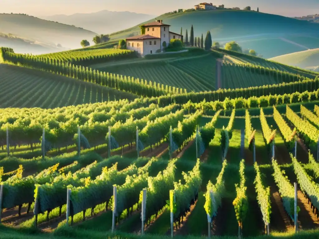 Amanecer mágico en viñedo de Nebbiolo en Piemonte, Italia