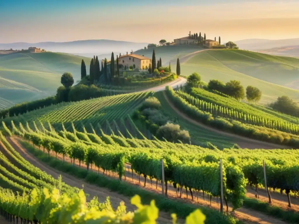 Un amanecer mágico sobre viñedos en Toscana, con colores suaves y una granja rústica