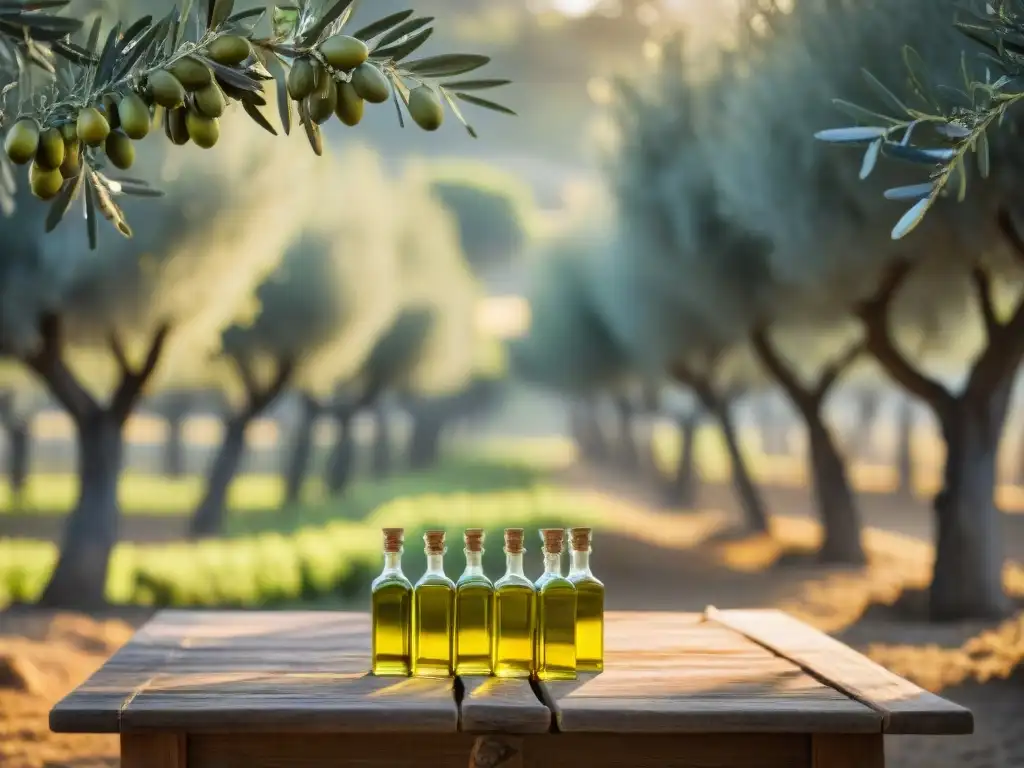 Un amanecer en un olivar italiano, con botellas de aceite de oliva éticamente producido bajo los árboles