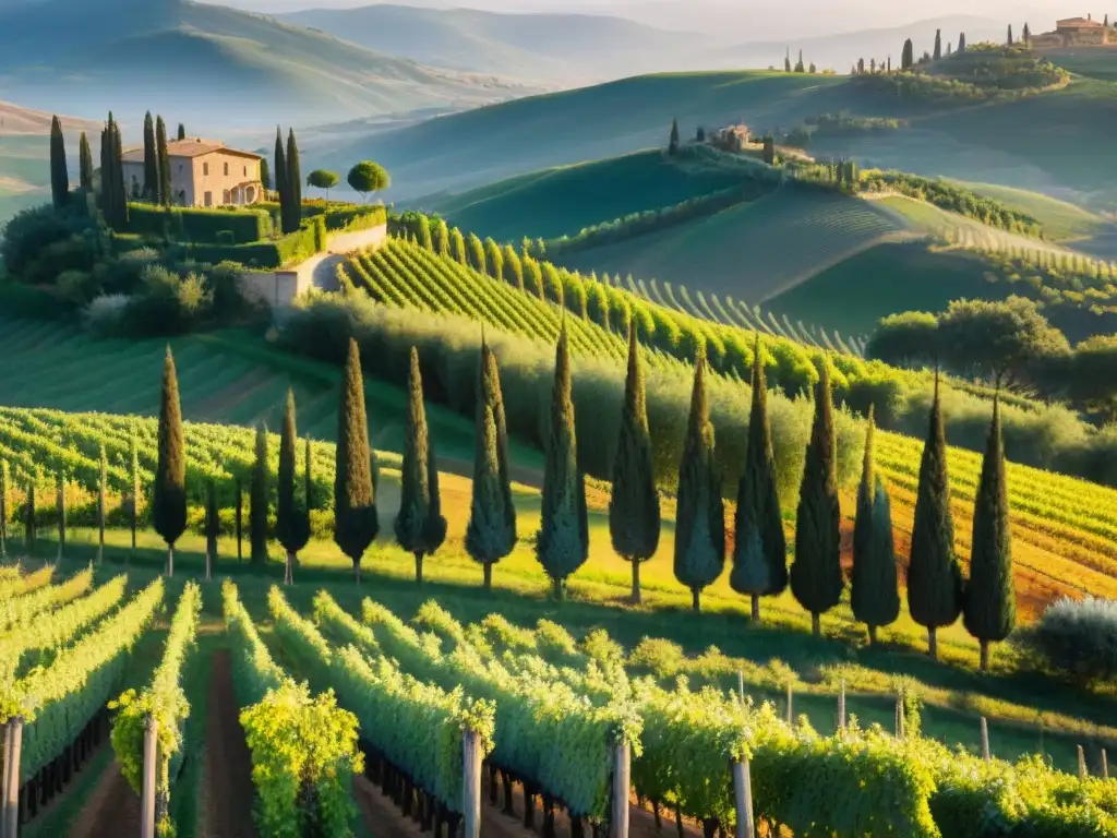 Un amanecer sereno sobre viñedos en Toscana, Italia