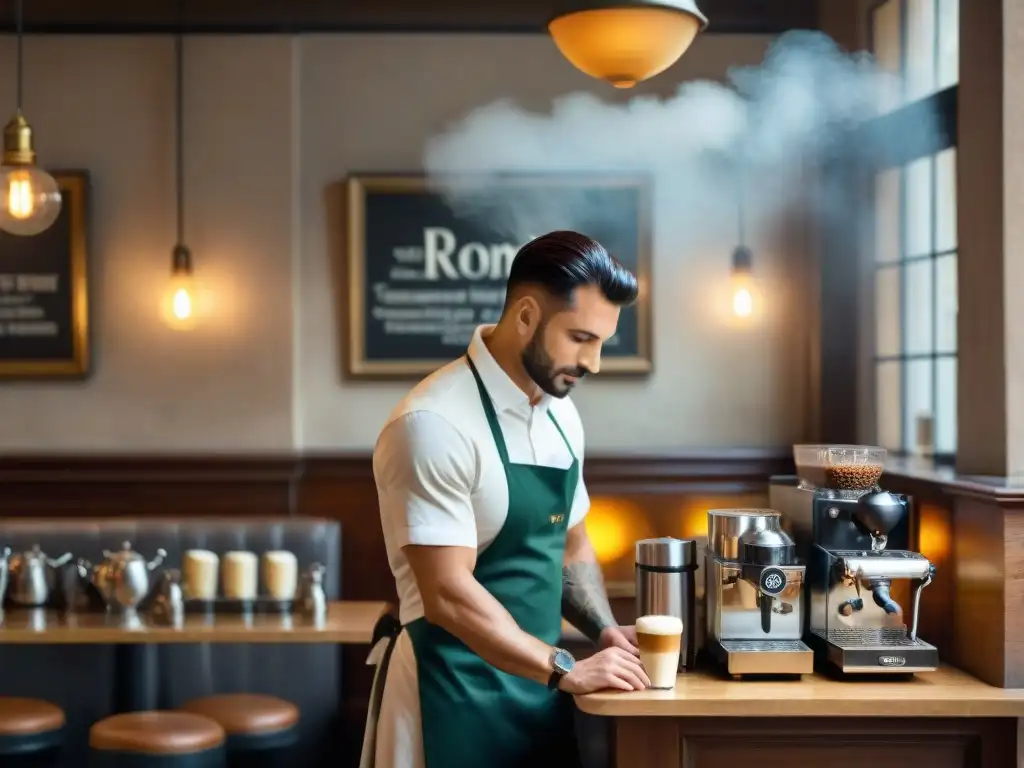 Ambiente acogedor de un café histórico en Roma, con baristas expertos y clientes disfrutando cappuccinos en mesas de mármol