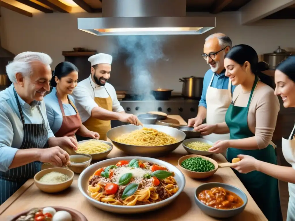 Un ambiente acogedor de cocina italiana tradicional y moderna, con personas de diferentes edades y orígenes cocinando juntas platos deliciosos en una mesa larga de madera