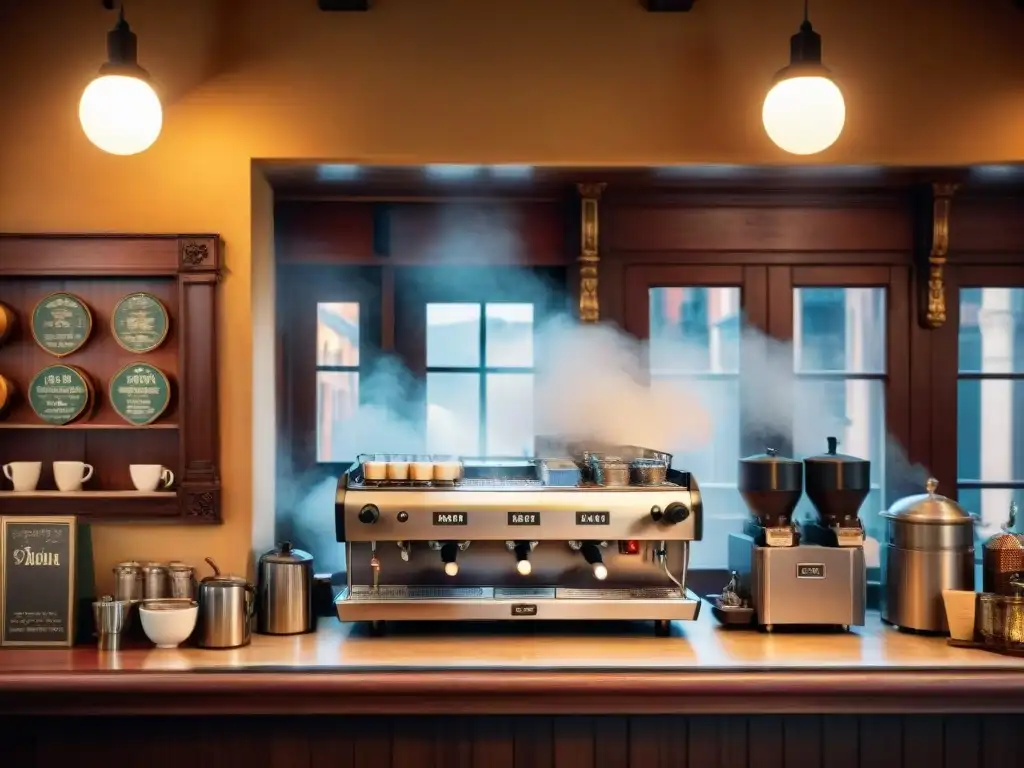 Ambiente acogedor en café histórico italiano, barista preparando espresso