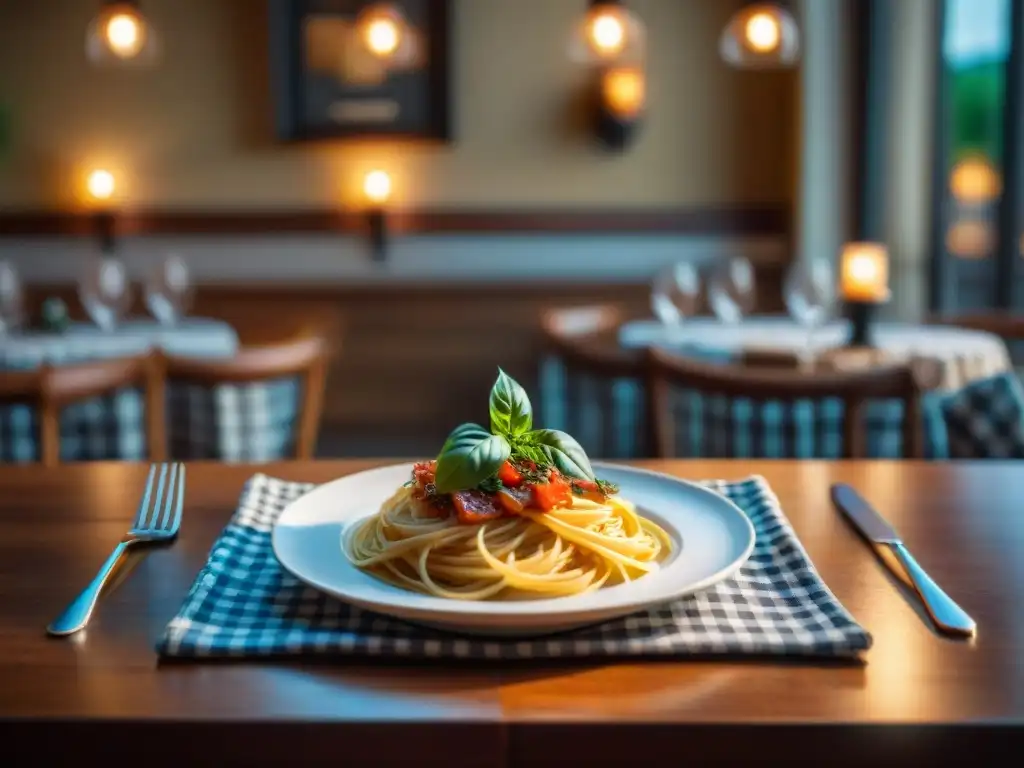 Ambiente acogedor en restaurante italiano: mesas rústicas, copas de vino, velas, platos de pasta fresca con albahaca y queso parmesano